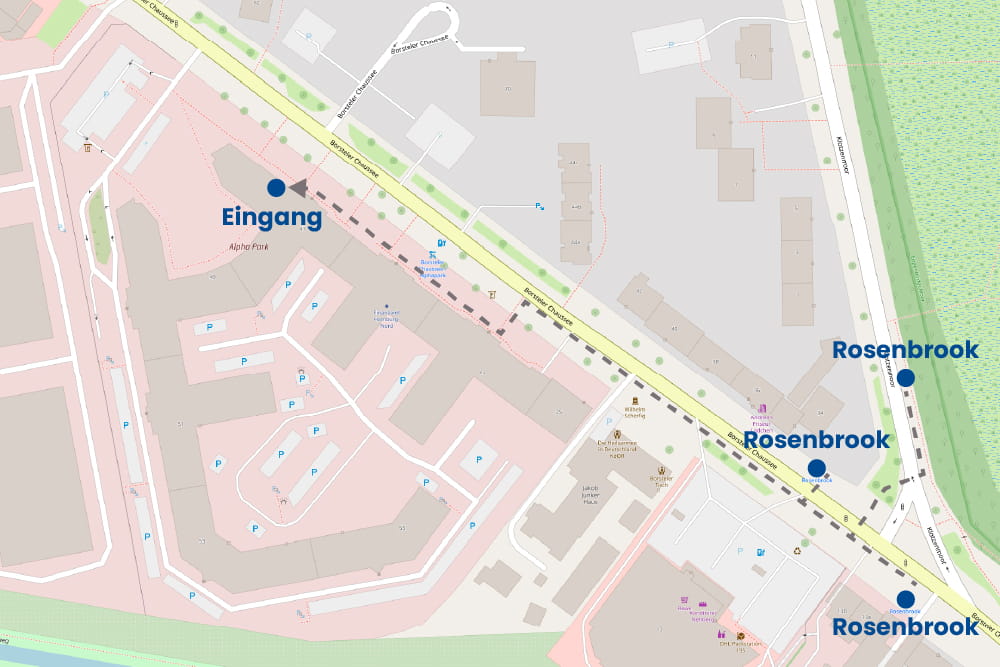 Eine Karte zeigt einen Ausschnitt der Gegend, wo sich die Technischen Orthopädie Hamburg befindet. Es sind Eingang und nahliegende Bushaltestellen eingezeichnet.